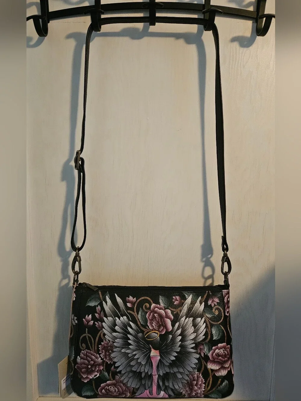 Anuschka Hand Painted Floral Guardian Angel Black and Pink Purse - Picture 1 of 14